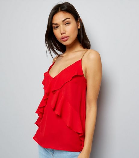 Red Chain Strap Frill Trim Cami Top | New Look