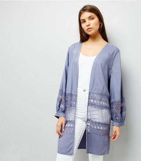 Blue Lace Trim Mesh Panel Kimono | New Look