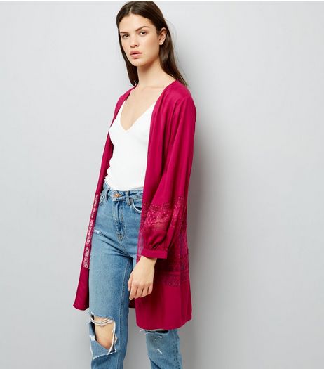 Deep Pink Lace Trim Mesh Panel Kimono | New Look