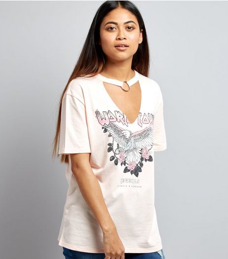Petite Shell Pink Choker Neck Rock T-Shirt | New Look