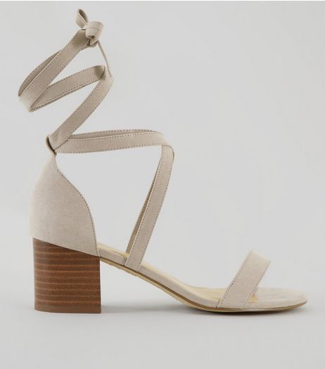 Wide Fit Grey Suedette Ankle Tie Heeled Sandals | New Look