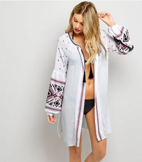 White Embroidered Sleeve Tassel Front Kimono | New Look