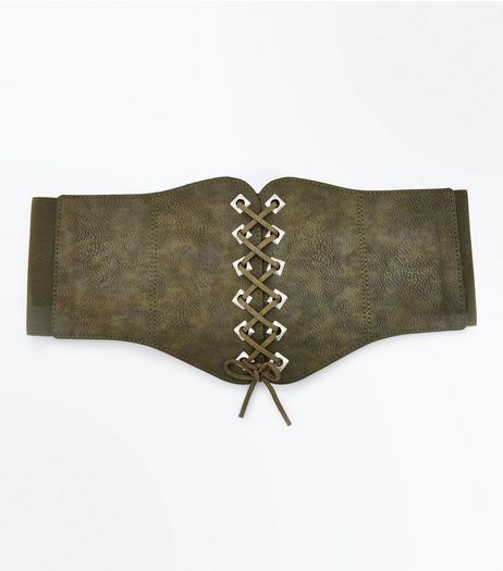 Khaki Eyelet Trim Lace Up Corset Belt | New Look