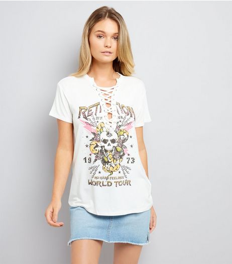 White Skull Print Lace Up T-Shirt | New Look