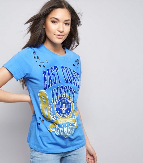 Blue East Coast Varsity Logo Ripped T-Shirt | New Look