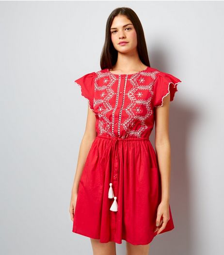 Red Cut Out Short Sleeve Skater Dress | New Look