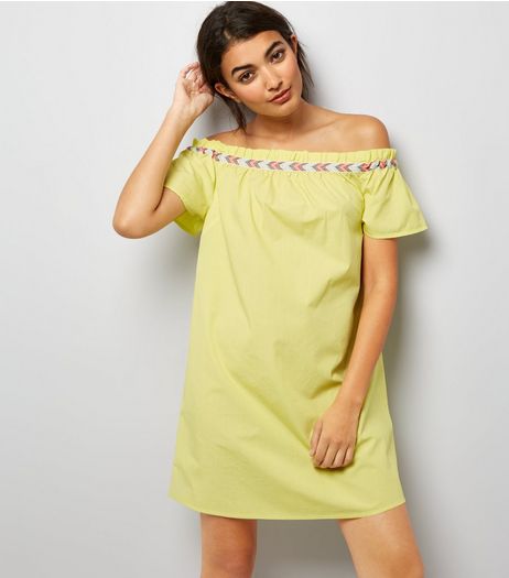 Green Neon Embroidered Trim Cold Shoulder Dress | New Look