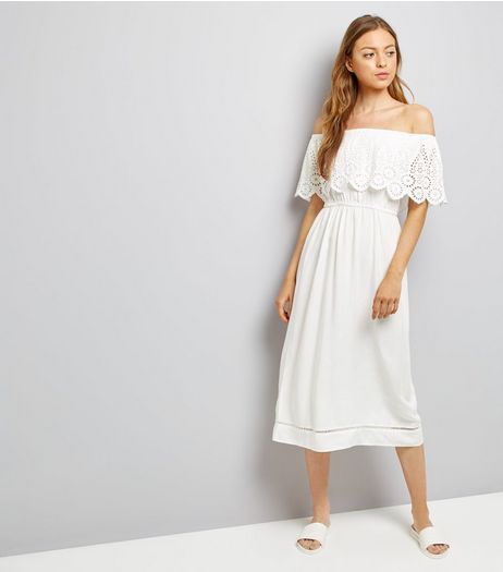 White Cut Out Frill Trim Bardot Neck Midi Dress | New Look