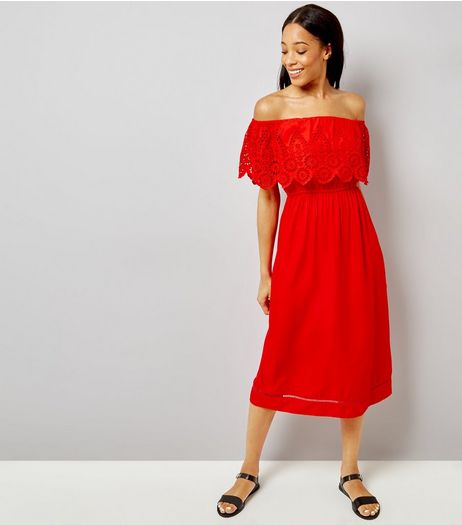Red Cut Out Detail Bardot Neck Midi Dress | New Look