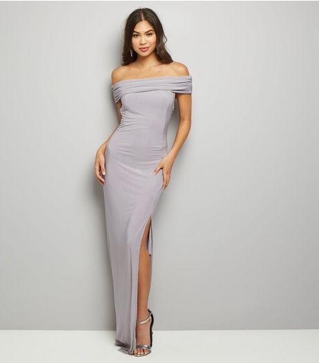 AX Paris Pale Grey Bardot Neck Side Split Maxi Dress | New Look