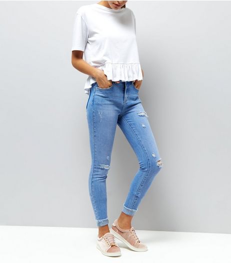 Blue Ripped Drop Hem Skinny Jenna Jeans | New Look