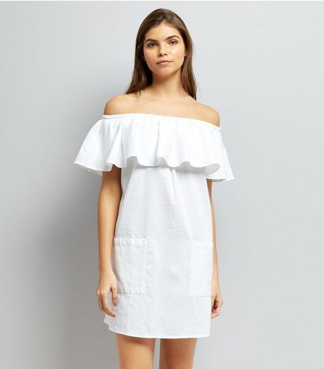 White Frill Trim Bardot Neck Dress | New Look