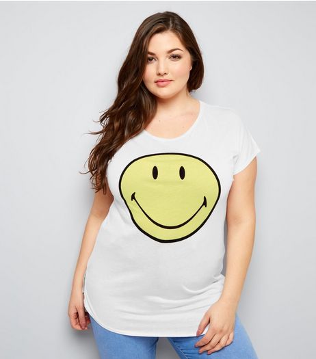 Curves White Smiley Print T-Shirt | New Look