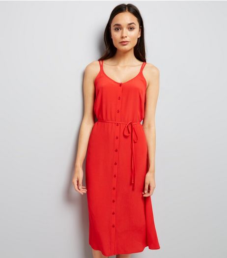 Red Button Front Tie Waist Midi Dress | New Look