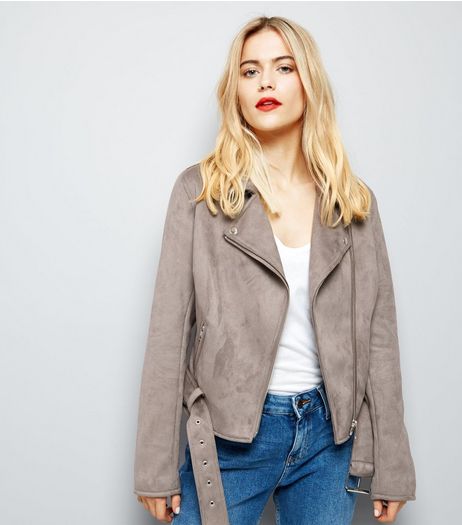 Grey Suedette Biker Jacket | New Look