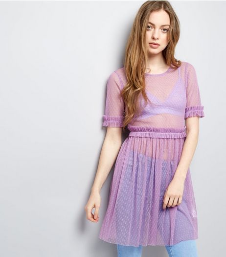 Purple Spot Mesh Frill Trim Skater Dress | New Look