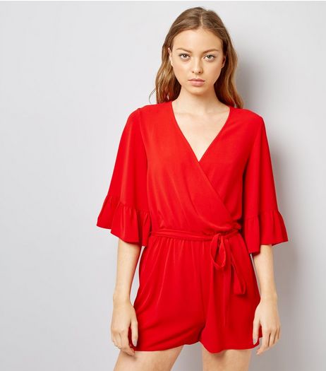 Red Bell Sleeve Wrap Front Playsuit | New Look