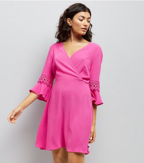 Pink Crochet Bell Sleeve Skater Dress | New Look