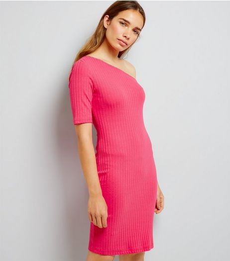 Bright Pink Off the Shoulder Ribbed Bodycon Dress | New Look