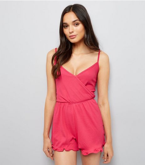 Pink V Neck Frill Hem Wrap Playsuit | New Look