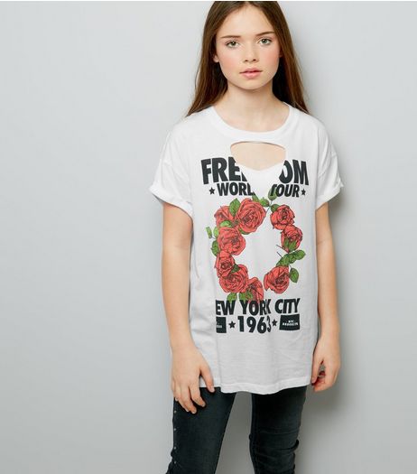 Teens White Choker Neck Rose Print Tour T-Shirt | New Look