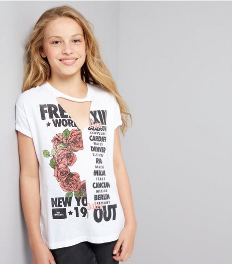 Teens White Spliced Print Choker Neck Rock T-shirt | New Look