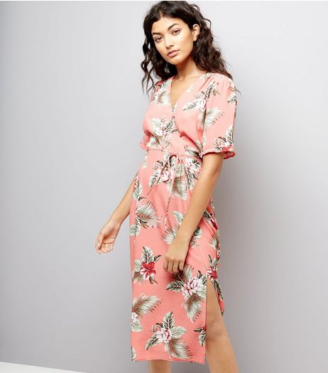 Coral Floral Print Wrap Front Midi Dress | New Look
