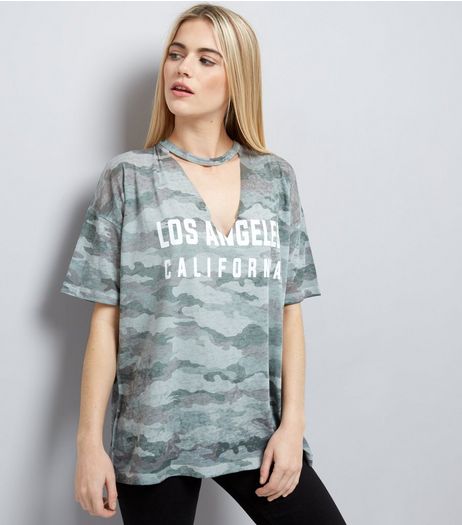 Khaki Slogan Camo Print Choker Neck T-Shirt | New Look