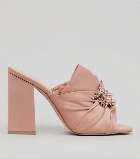 Wide Fit Pink Satin Embellished Heeled Mules | New Look