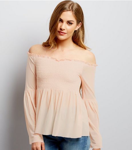 Deep Pink Mesh Shirred Bardot Neck Top | New Look