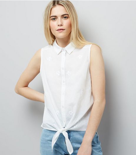 White Tie Front Embroidered Sleeveless Shirt | New Look