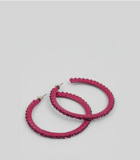 Bright Pink Diamante Hoop Earrings | New Look