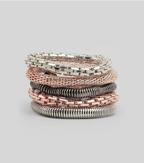 5 Pack Rose Gold and Silver Stretch Bracelets | New Look