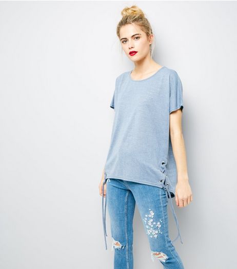 Blue Eyelet Lace Up Side T-Shirt | New Look