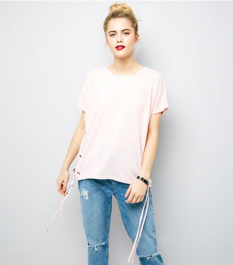 Pink Eyelet Lace Up Side T-Shirt | New Look