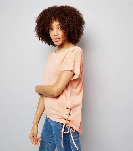 Coral Eyelet Lace Up Side T-Shirt | New Look