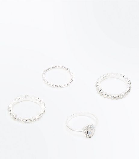 4 Pack Silver Opal Rings | New Look