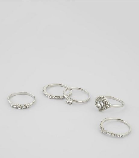 5 Pack Silver Diamante Rings | New Look