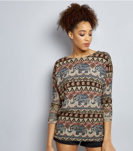 Mela Pale Grey Aztec Print Jumper | New Look
