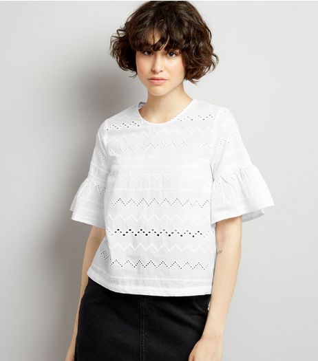 White Cut Out Detail Frill Sleeve Top | New Look