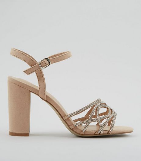 Cream Suedette Crystal Embellished Block Heels | New Look