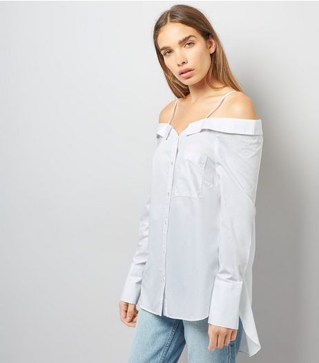 White Bardot Neck Dip Hem Shirt | New Look