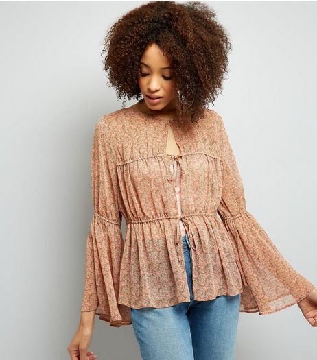 Orange Ditsy Floral Print Tie Front Bell Sleeve Top | New Look