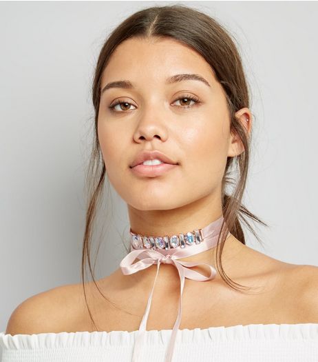 Pink Ribbon Gem Stone Wrap Choker | New Look