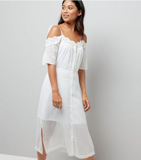 Petite White Cold Shoulder Crochet Dress | New Look
