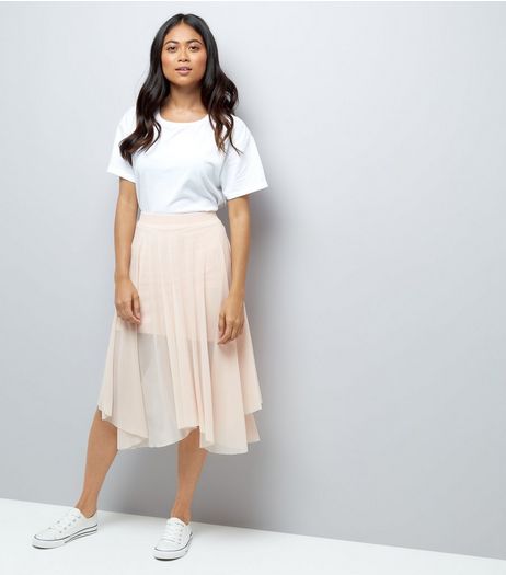 Petite Shell Pink Mesh Hanky Hem Midi Skirt | New Look