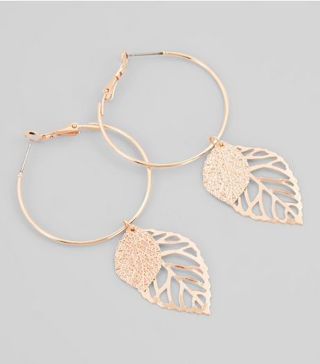 Rose Gold Leaf Charm Hoop Earrings | New Look