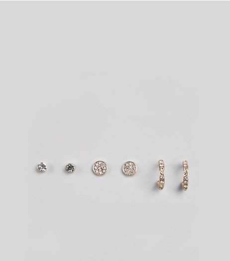 3 Pack Gold Crystal Mixed Stud Earrings | New Look