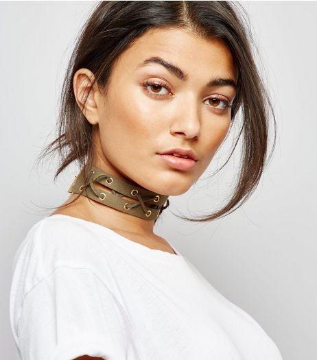 Khaki Eyelet Suedette Choker | New Look