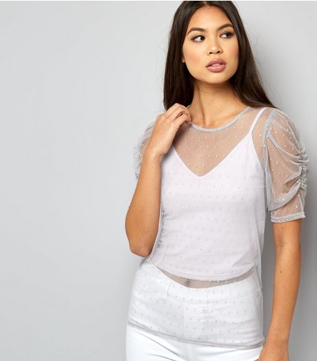 Petite Grey Spot Print Ruched Sleeve Top | New Look